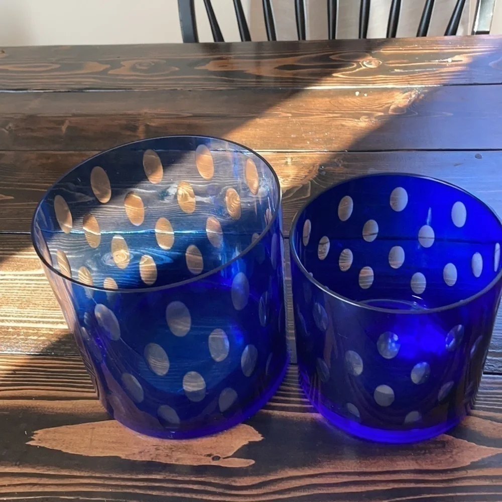 VTG Cut Clear Cobalt Blue Flat Bottom Vases  For Pair- Different Sizes
